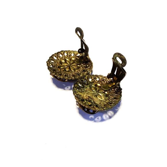 Vintage West Germany Black Glass Cameo Clip On Earrings Filigree Faux Pearl - Picture 4 of 6